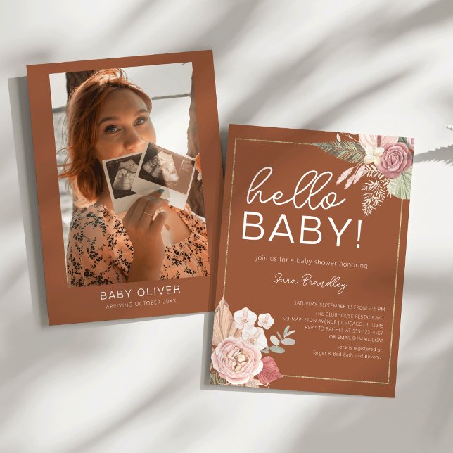 Terracotta Tropical Dried Watercolor Baby Shower  Invitation (Boho chic Terracotta Tropical Dried Watercolor Photo Baby Shower Invitation)