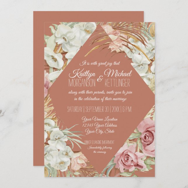 Terracotta Tropical Pampas Greenery Blush Floral Invitation (Front/Back)