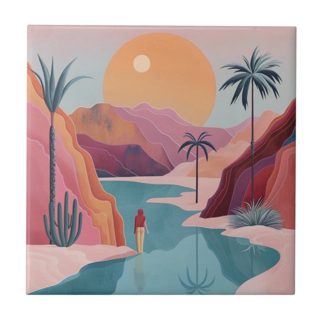 Terracotta Turquoise Celestial Oasis Landscape Tile (Front)