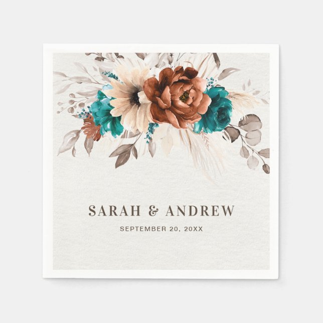 Terracotta turquoise Pampas Grass Rustic Wedding Napkin (Front)