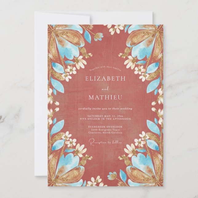 Terracotta Turquoise Peony Wedding Invitation (Front)
