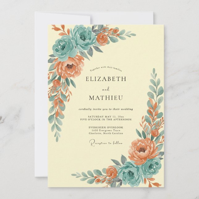 Terracotta Turquoise Ranunculus Eucalyptus Wedding Invitation (Front)