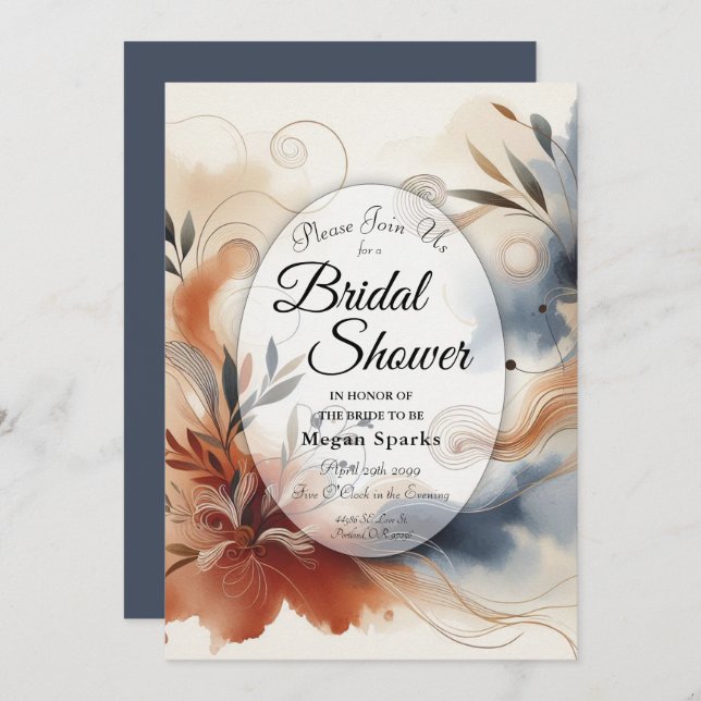 Terracotta Twilight and Navy Blooms Bridal Shower Invitation (Front/Back)