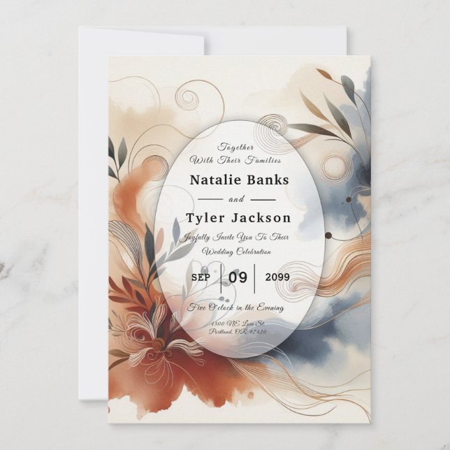 Terracotta Twilight and Navy Blooms Wedding Invitation (Front)