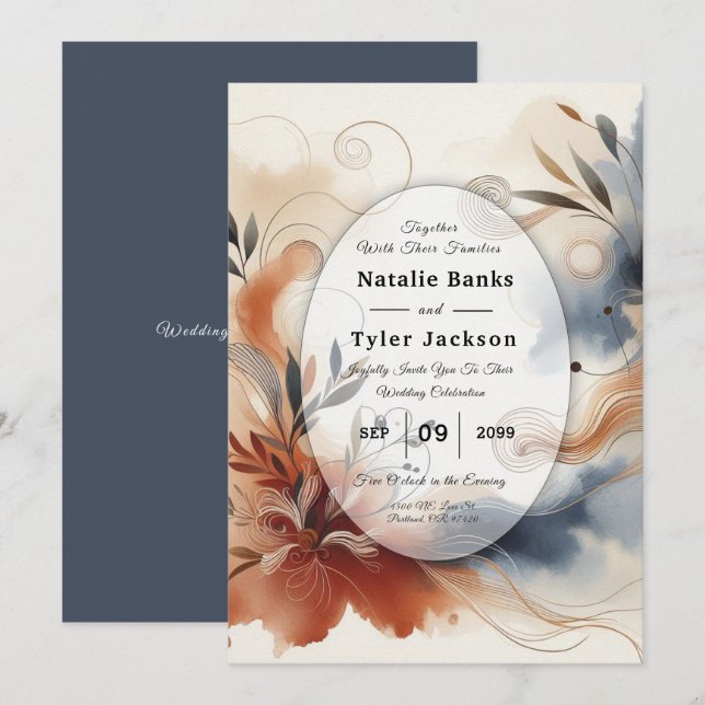 Terracotta Twilight and Navy Blooms Wedding Invitation (Front/Back)