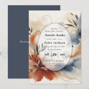 Terracotta Twilight and Navy Blooms Wedding Invitation