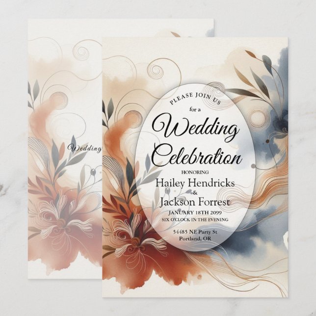 Terracotta Twilight and Navy Blooms Wedding Invitation (Front/Back)