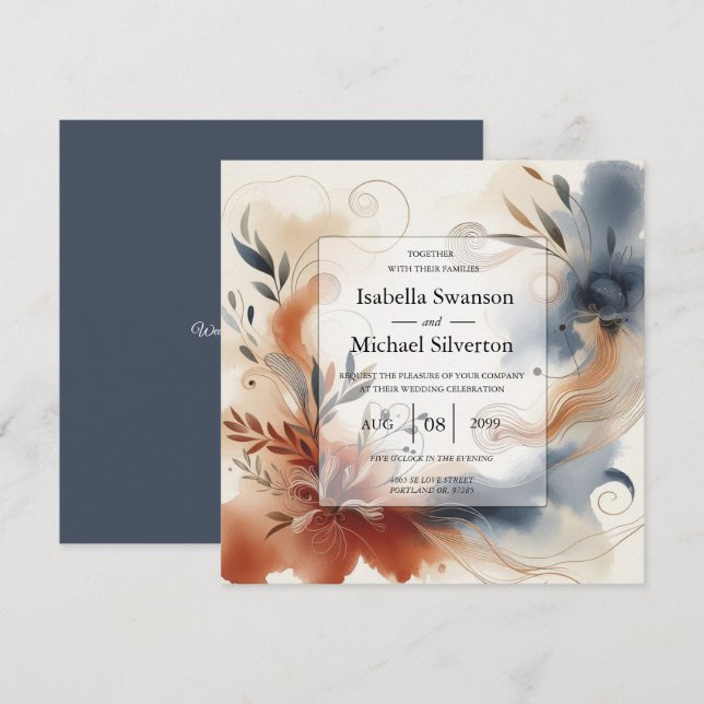 Terracotta Twilight and Navy Blooms Wedding Invitation (Front/Back)