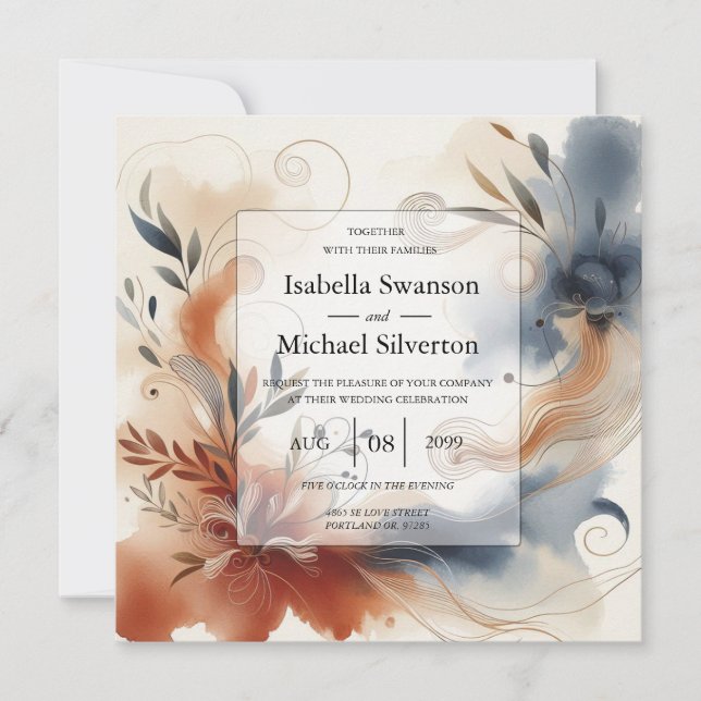 Terracotta Twilight and Navy Blooms Wedding Invitation (Front)