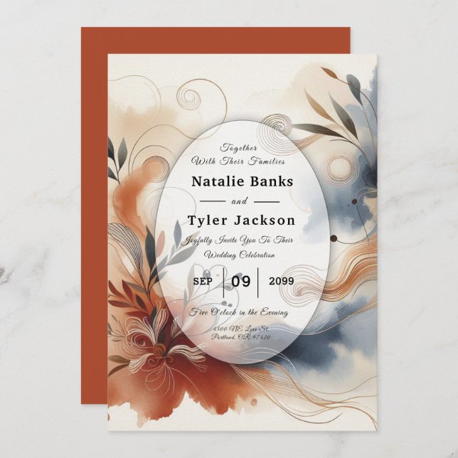 Terracotta Twilight and Navy Blooms Wedding Invitation (Front/Back)