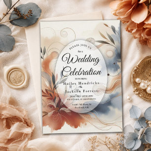 Terracotta Twilight and Navy Blooms Wedding Invitation