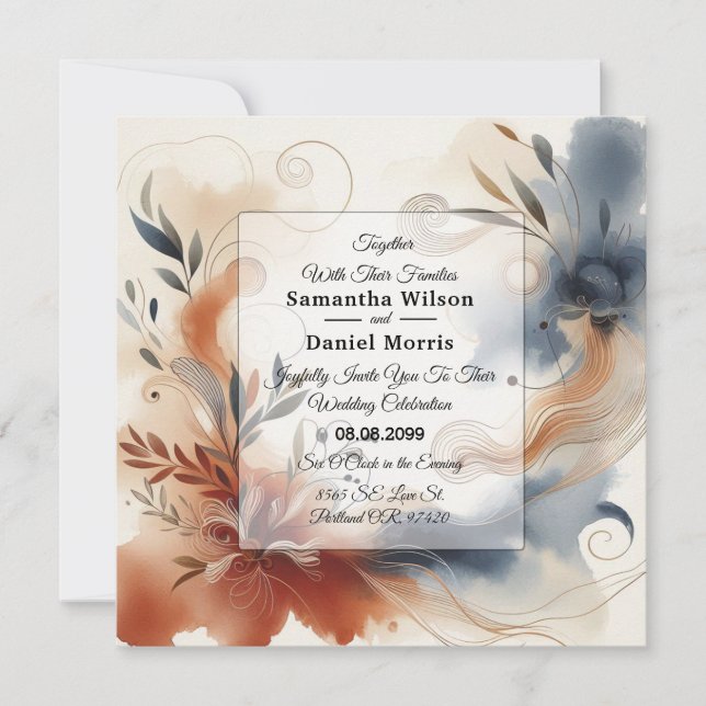 Terracotta Twilight and Navy Blooms Wedding Invitation (Front)