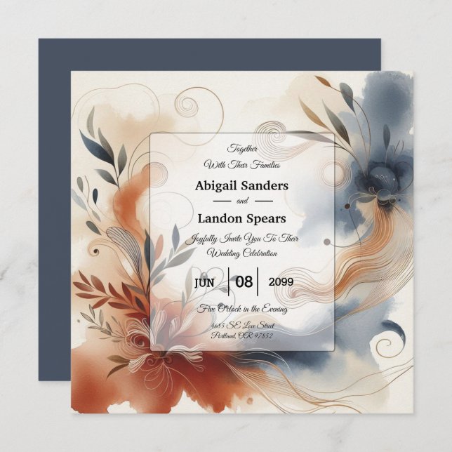 Terracotta Twilight and Navy Blooms Wedding Invitation (Front/Back)