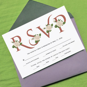 Terracotta typography and white roses fall wedding RSVP card