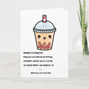 Terracotta Typography Kawaii Bubble Tea Birthday Invitation