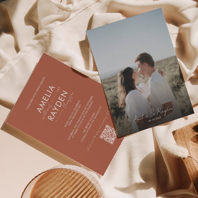 Terracotta Typography Script Photo QR Code Wedding Invitation (Creator Uploaded)