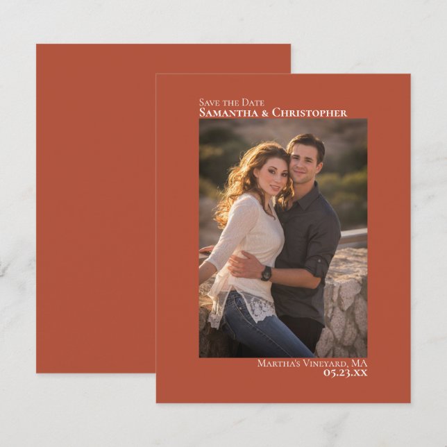 Terracotta Vertical Photo Minimalist Wedding Save The Date (Front/Back)