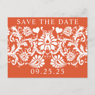 Terracotta Victorian Floral Damask Save the Date Announcement Postcard