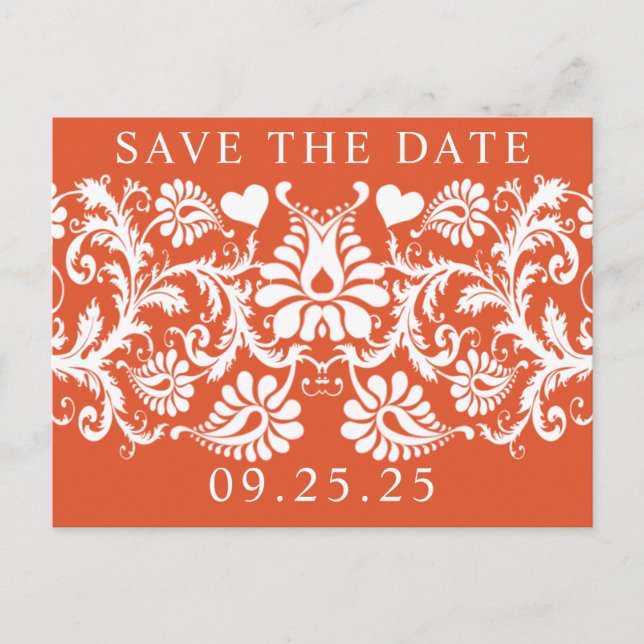 Terracotta Victorian Floral Damask Save the Date Announcement Postcard (Front)
