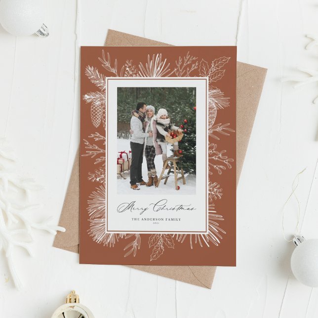 Terracotta Vintage Botanical Christmas Photo Holiday Card (Creator Uploaded)