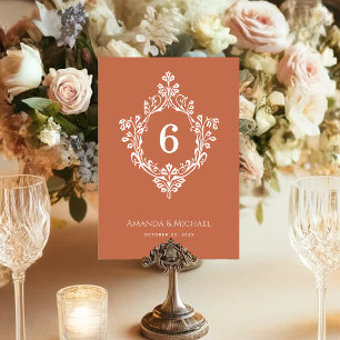 Terracotta Vintage Crest Elegant Ornate Wedding Table Number