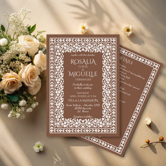 Terracotta vintage floral border wedding invitation (Terracotta vintage retro floral border elegant wedding invitation cards with rsvp editable template)