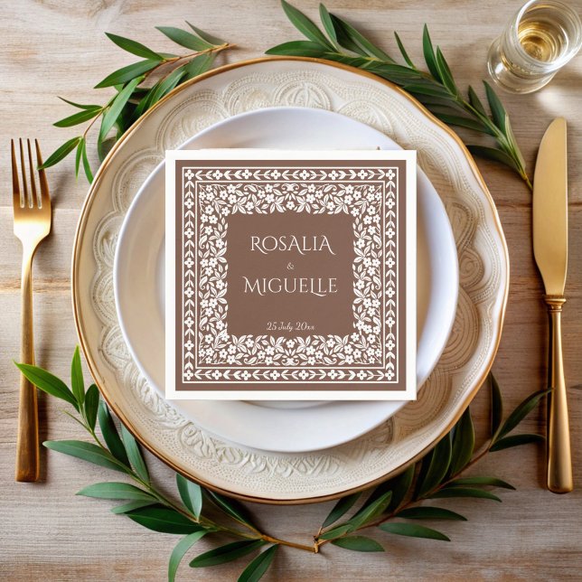 Terracotta vintage floral border wedding napkin (Monogrammed Terracotta vintage retro floral border wedding napkins personalized table decor napkins)