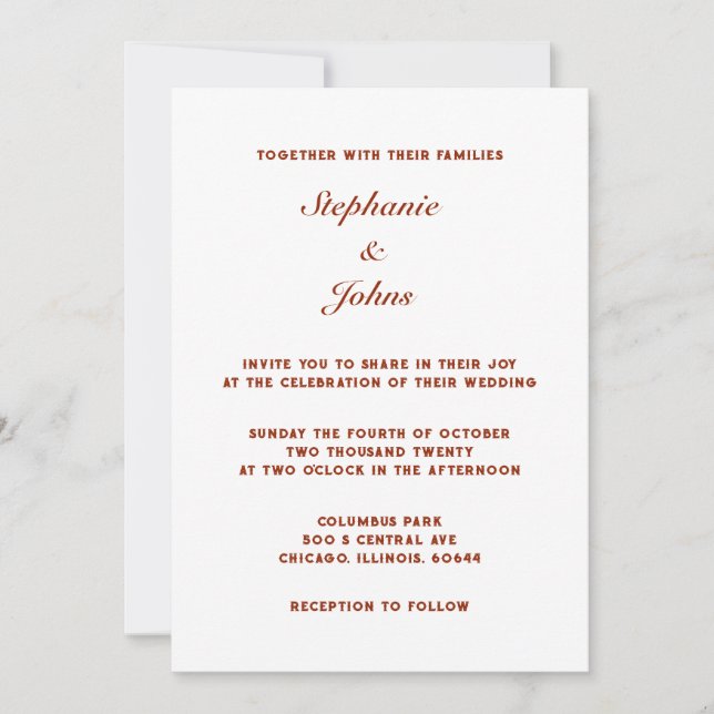 Terracotta Warm Earth White Classic Simple Wedding Invitation (Front)