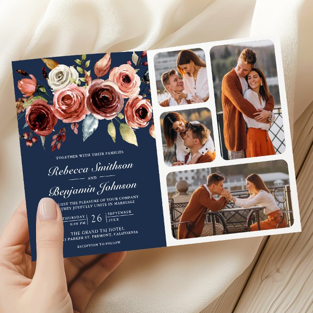 Terracotta Watercolor Floral QR Code Navy Wedding Invitation (Creator Uploaded)