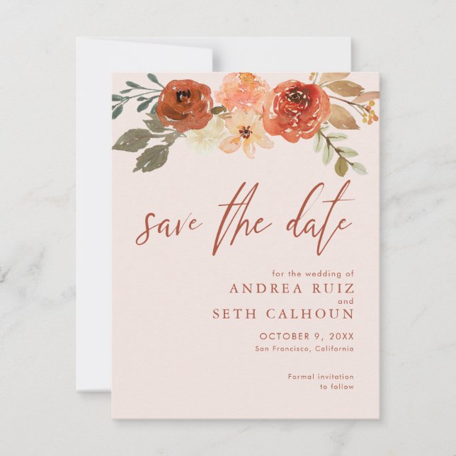 Terracotta Watercolor Floral Save The Date (Front)