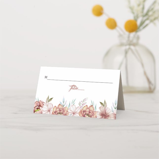 Terracotta watercolor flowers floral fall wedding place card (Front)