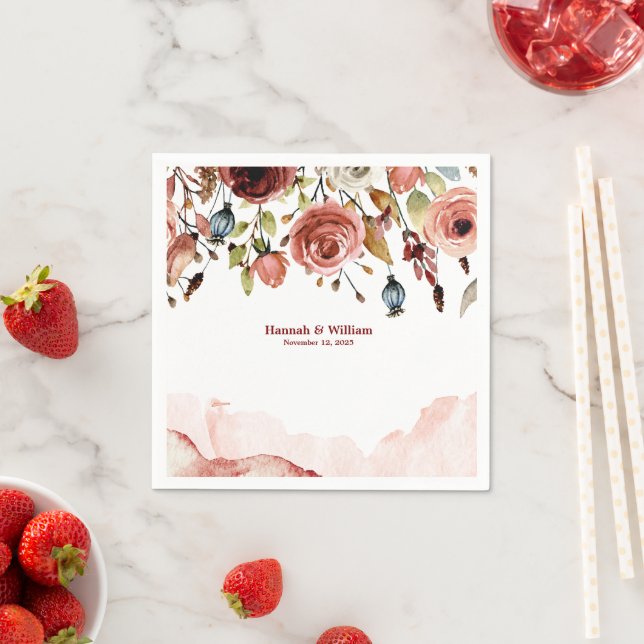 Terracotta Watercolor Flowers Wedding  Napkin (Insitu)