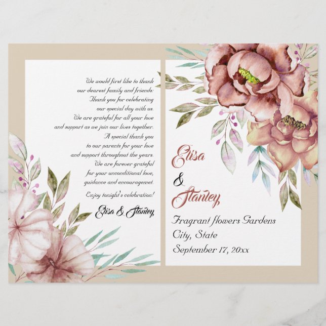 Terracotta watercolor flowers wedding program (Front)