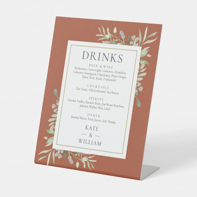 Terracotta Watercolor Greenery Wedding Drinks Menu Pedestal Sign (Front)