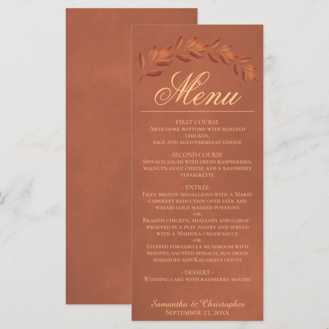 Terracotta Watercolor Leaves Elegant Wedding Menu (Front/Back)