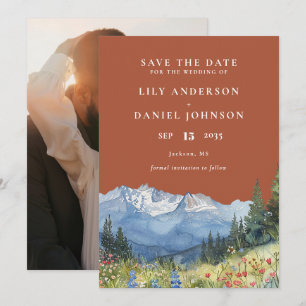 Terracotta Watercolor Mountain Photo Wedding Save The Date