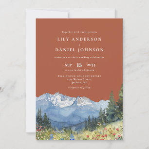Terracotta Watercolor Mountain Wildflower Wedding Invitation