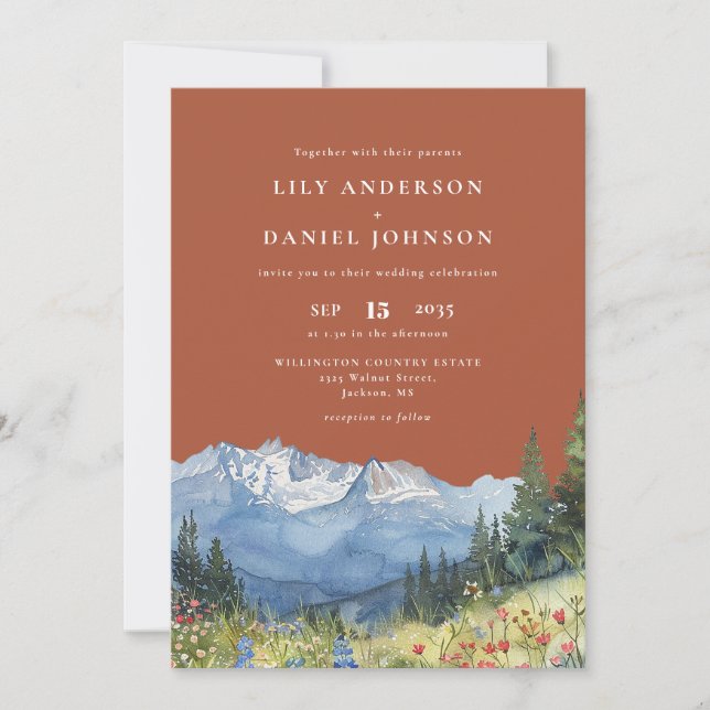 Terracotta Watercolor Mountain Wildflower Wedding Invitation (Front)
