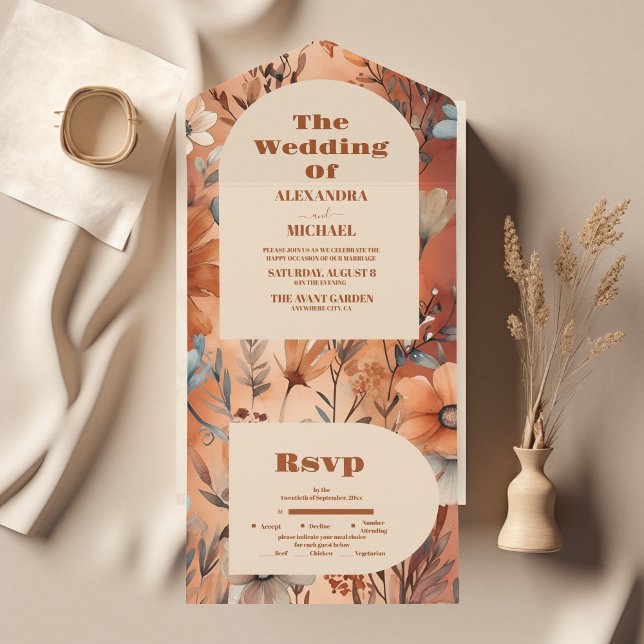 Terracotta Watercolor Wildflowers Wedding All In One Invitation (Creator Uploaded)
