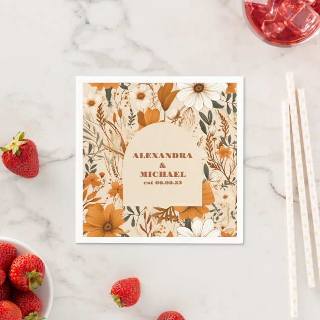 Terracotta Watercolor Wildflowers Wedding Napkin (Insitu)