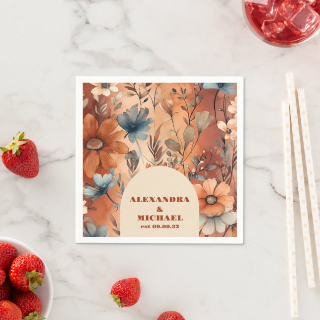 Terracotta Watercolor Wildflowers Wedding Napkin (Insitu)