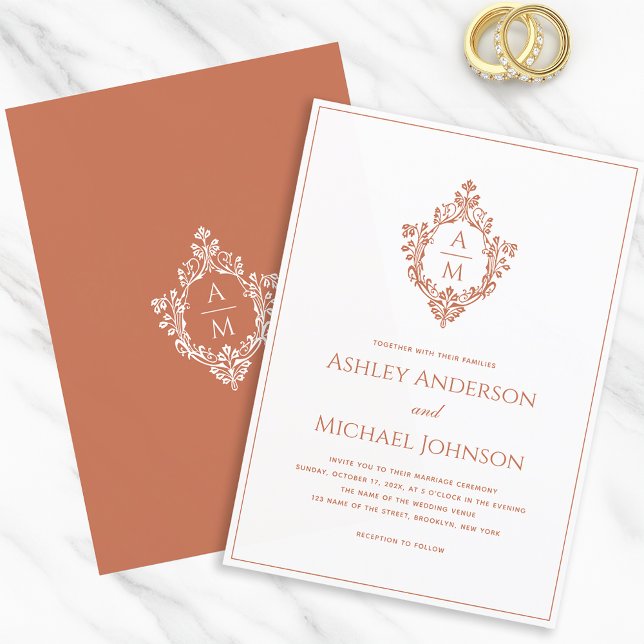 Terracotta Wedding Crest Monogram Elegant Formal Invitation (Creator Uploaded)