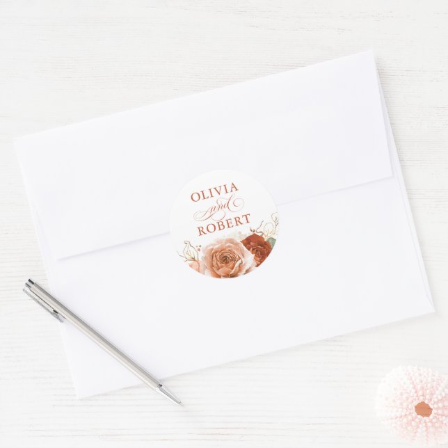 Terracotta Wedding Modern Floral Boho Classic Round Sticker (Envelope)