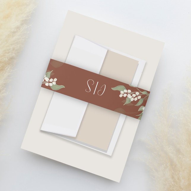 Terracotta Wedding Monogram Floral Custom Invitation Belly Band (Terracotta wedding invitation belly band with elegant floral, greenery, and foliage. )