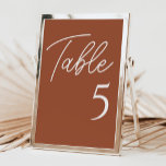Terracotta Wedding Table Number<br><div class="desc">Modern table numbers elevate your wedding reception table décor. The design features an elegant script font in white on a burnt orange earth tone background perfect for a fall wedding or banquet event. Order each table number from the collection or edit this card for each number needed. The design is...</div>