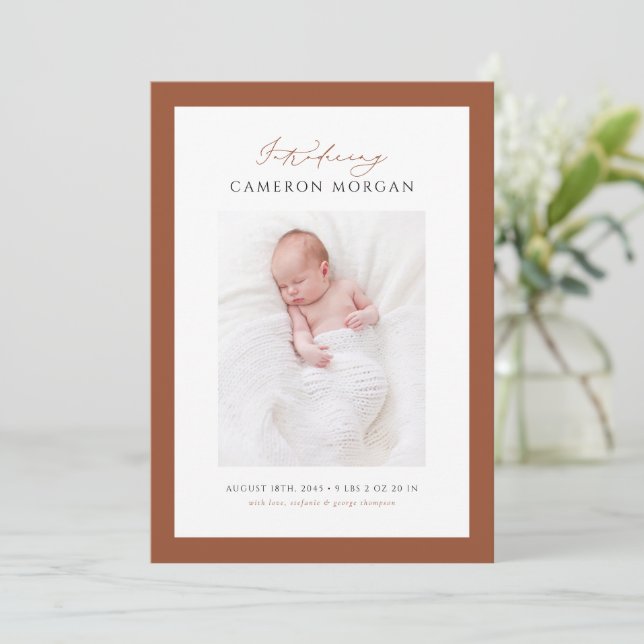 Terracotta Whimsical Calligraphy Photo Baby Birth Announcement (Standing Front)