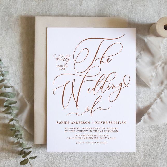 Terracotta Whimsical Calligraphy Wedding Invitation (Boho Terracotta Whimsical Calligraphy Wedding Invitation)