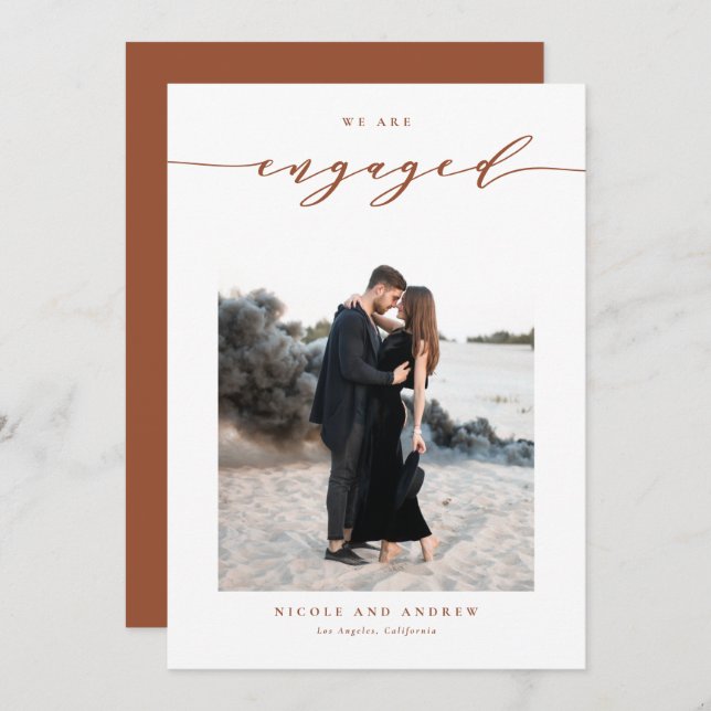 Terracotta Whimsical Script Photo Engagement Announcement (Front/Back)