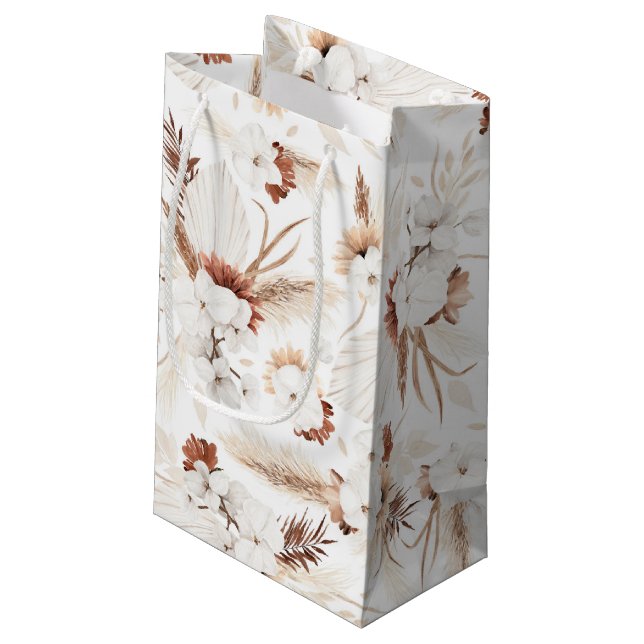 Terracotta White and Ivory Flowers Boho Botanical Small Gift Bag (Back Angled)