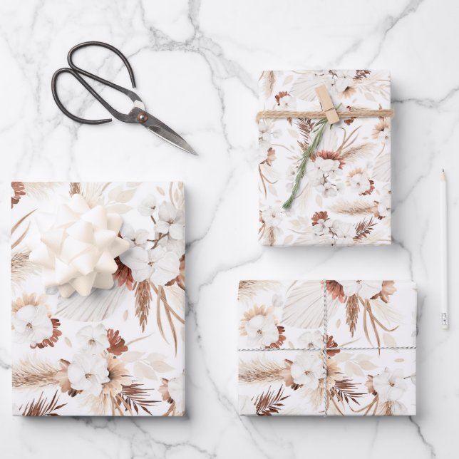 Terracotta White and Ivory Flowers Boho Botanical Wrapping Paper Sheet (Front)
